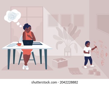 Working mother stress flat color vector illustration. Work life balance. Problem with remote job. Single mom challenges. Family 2D cartoon characters with home interior on background