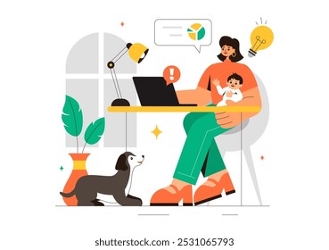Working Mother Vector Illustration featuring a Mother who Juggles Work and Childcare at Home, Multitasking in a Flat Style Cartoon Background
