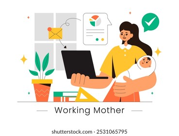 Working Mother Vektorgrafik mit einer Mutter, die Arbeit und Kinderbetreuung zu Hause jongliert, Multitasking im flachen Stil Cartoon Hintergrund