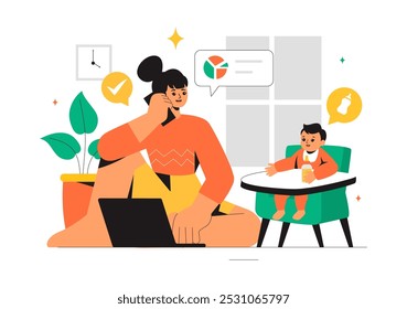 Working Mother Vector Illustration featuring a Mother who Juggles Work and Childcare at Home, Multitasking in a Flat Style Cartoon Background