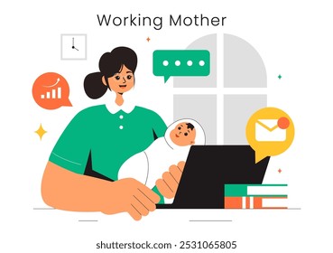 Working Mother Vector Illustration featuring a Mother who Juggles Work and Childcare at Home, Multitasking in a Flat Style Cartoon Background