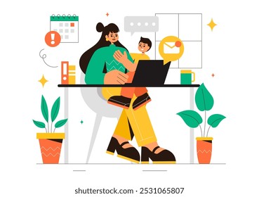 Working Mother Vector Illustration featuring a Mother who Juggles Work and Childcare at Home, Multitasking in a Flat Style Cartoon Background