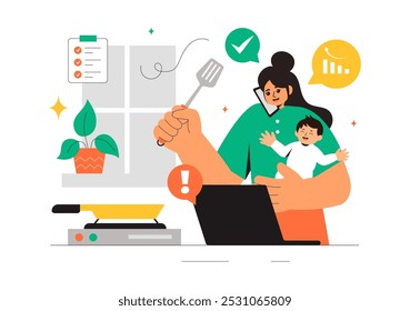 Ilustração do vetor da mãe trabalhando com uma mãe que faz malabarismos com o trabalho e o cuidado de crianças em casa, multitarefa em um plano de fundo de desenhos animados estilo plano