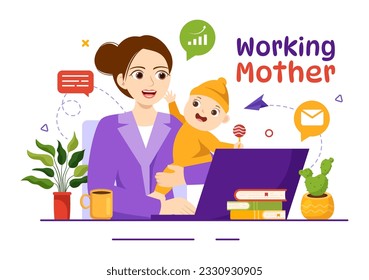 Working Mother Vector Illustration with Mothers who does Work and Takes Care of her Kids at the Home in Multitasking Cartoon Hand Drawn Templates