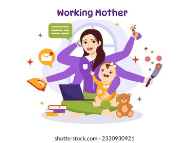 Working Mother Vector Illustration with Mothers who does Work and Takes Care of her Kids at the Home in Multitasking Cartoon Hand Drawn Templates