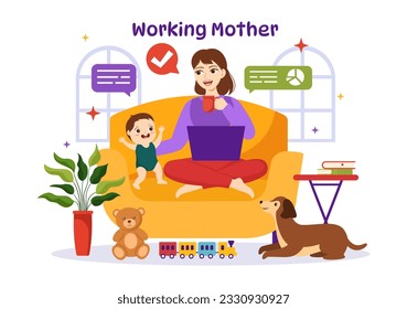 Working Mother Vector Illustration with Mothers who does Work and Takes Care of her Kids at the Home in Multitasking Cartoon Hand Drawn Templates