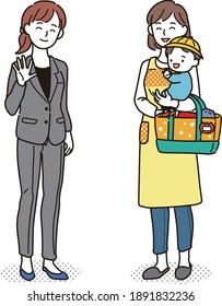 Arbeitsmutter, die ein lächelndes Kind einem Kindergartenlehrer überträgt