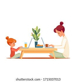 Working mother works from home office with kid. Freelancer workplace with laptop and the Internet. People at home work and child education in quarantine pandemic. Cartoon vector illustration.