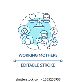 Working mothers concept icon. Changing gender roles. Different working options. Home fund encreasing idea thin line illustration. Vector isolated outline RGB color drawing. Editable stroke