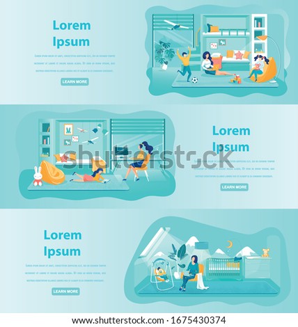 Working Mothers Life Flat Web Banner Templates Set. Businesswoman with Laptop at Home Cartoon Character. Freelance Jobs and Careers for Women on Maternity Leave Promotional Landing Page Design