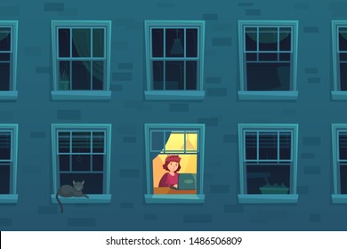 Working at night. Busy workaholic works home at nights when neighbors asleep, lonely man in window frame. Designer freelancer or it programmer job deadline cartoon vector illustration