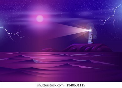 Working at night lighthouse in stormy weather on rocky seashore with fool moon and lightning bolts in starry sky cartoon vector in neon colors. Nature tragical scene background. Dangerous sailing