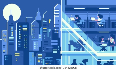 Working in night office. Work rooms in office building. Vector illustration