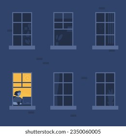 Working at night window. Woman designer quiet work in home office blackout house, lonely workaholic owl freelancer tired developer internet teamwork, insomnia vector illustration of woman in window