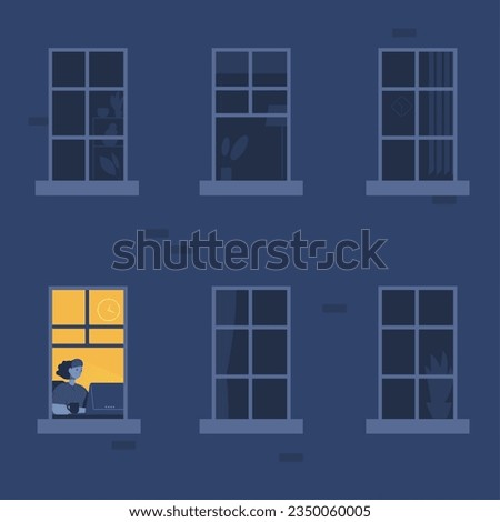 Working at night window. Woman designer quiet work in home office blackout house, lonely workaholic owl freelancer tired developer internet teamwork, insomnia vector illustration of woman in window