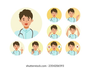Working nurse man. Healthcare conceptMan cartoon character head collection set. People face profiles avatars and icons. Close up image of smiling man. Vector flat illustration.