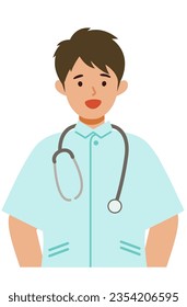 Working nurse man. Healthcare conceptMan cartoon character. People face profiles avatars and icons. Close up image of smiling man. Vector flat illustration.