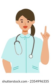 Working nurse Woman. Healthcare conceptWoman cartoon character. People face profiles avatars and icons. Close up image of pointing Woman. Vector flat illustration.