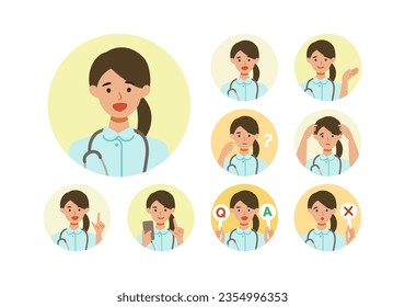 Working nurse Woman. Healthcare conceptWoman cartoon character head collection set. People face profiles avatars and icons. Close up image of smiling Woman. Vector flat illustration.