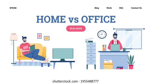 Working in office against work from home banner, cartoon vector illustration.