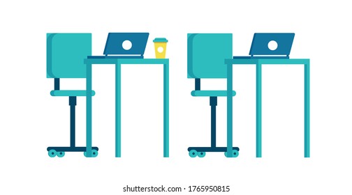 Working office background. Modern illustration slider site page. Office tables and chairs for work concept. Workplace of every office worker web banner. Office equipment vector image design.