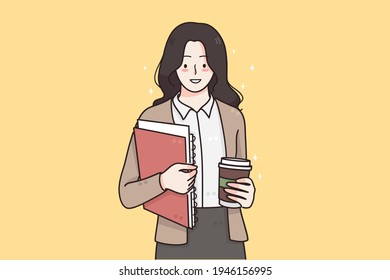 Working in office, business success, leadership concept. Young smiling business woman standing with coffee and documents in hands and feeling confident going to office vector illustration 