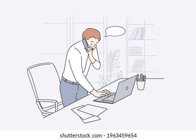 Working In Office, Communication Concept. Young Businessman Office Worker Cartoon Character Standing Talking On Phone While Typing On Laptop Vector Illustration 