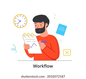 Working in office concept. Man with notebook in his hands makes notes on project. Employee records company data and new ideas. Cartoon modern flat vector illustration isolated on white background