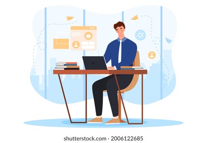 Working in the office concept. A man is sitting at his laptop at his workplace. An employee of the company creates a report. Cartoon modern flat vector illustration isolated on a white background