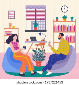 Trabajadores de oficina sentados hablando, descansando y bebiendo. Descanso de café de Office. Espacio abierto de coworking. Personajes de gente de negocios. Dibujo vectorial plano de dibujos animados. 
