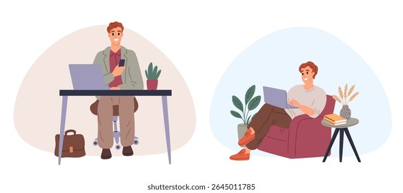 Working in office and home. Comparing work at home freelance or corporate workplace. Remote job. Casual freelancer on sofa with laptop. Man sitting at computer desk