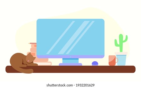 Working office at home. Computer, cat and plant. vector illustration in flat style