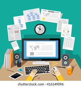 Working at office or home desk with documents and computer. Working on paperwork. Doing many tasks