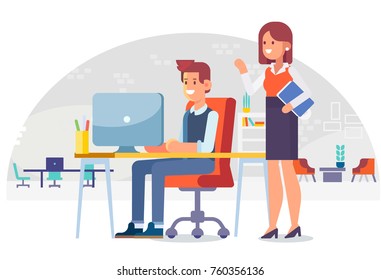 Working in the office. Lady boss and office worker. Cartoon style, flat vector illustration.