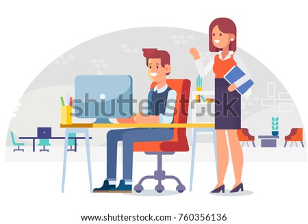 Working in the office. Lady boss and office worker. Cartoon style, flat vector illustration.