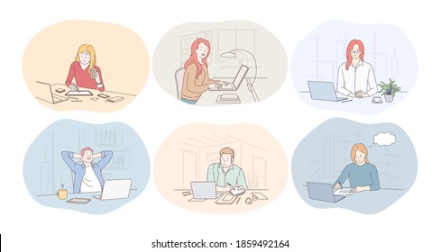 Working in office, laptop, online communication, freelance, startup concept. Young women and men office workers cartoon characters working on notebooks, communicating, generating ideas for business