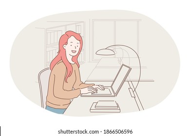 Working in office, modern company interior, online communication concept. Young smiling woman cartoon character sitting on workplace with laptop, working, communicating, thinking about work