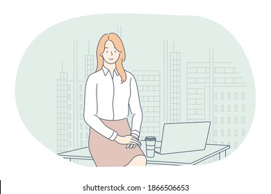 Working in office, modern company interior, online communication concept. Young smiling woman cartoon character sitting on workplace, working on notebook, communicating, thinking about work