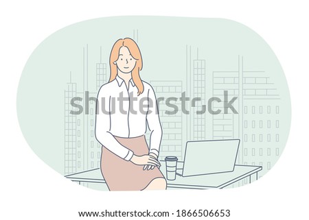 Working in office, modern company interior, online communication concept. Young smiling woman cartoon character sitting on workplace, working on notebook, communicating, thinking about work