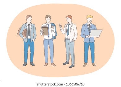 Working in office, modern company worker, online communication concept. Young happy business man cartoon character standing and holding tablet, smartphone, laptop and case in hands 