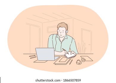 Working in office, modern company worker, online communication concept. Young smiling man cartoon character sitting on workplace with laptop in headphones and writing down tasks and information 