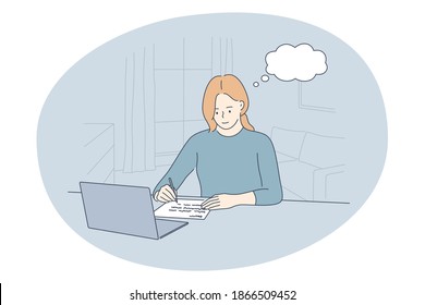 Working in office, modern company worker, online communication concept. Young smiling woman cartoon character sitting on workplace with laptop, working, writing down ideas and tasks 