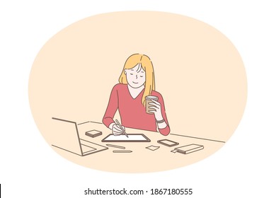 Working in office, modern company worker, online communication concept. Young smiling woman designer cartoon character sitting on workplace with laptop and coffee and making sketch illustration