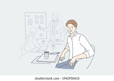 Working in office, presentation, designer concept. Young smiling man designer cartoon character sitting in board room during presentation looking at camera vector illustration 