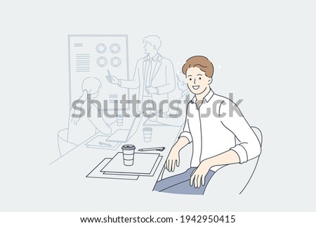 Working in office, presentation, designer concept. Young smiling man designer cartoon character sitting in board room during presentation looking at camera vector illustration 