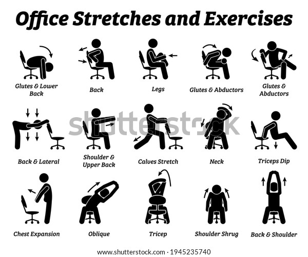 Working office\
stretches and exercises to relax tension muscle. Vector\
illustrations depict techniques and postures of a man stretching\
with an office chair at\
workplace.