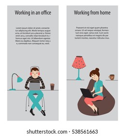 Working in office and work from home banners, flat vector
