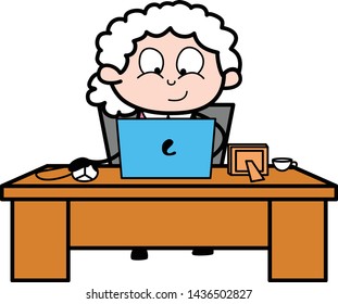 Working Office Work on Laptop - Old Woman Cartoon Granny Vector Illustration