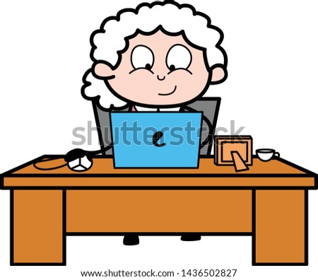 Working Office Work on Laptop - Old Woman Cartoon Granny Vector Illustration