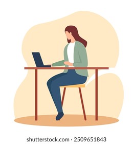working in office. Worker at table. Laptop on desk. Person in front or back. Business character. People sitting on chair. Computer on desktop. Managers workplace